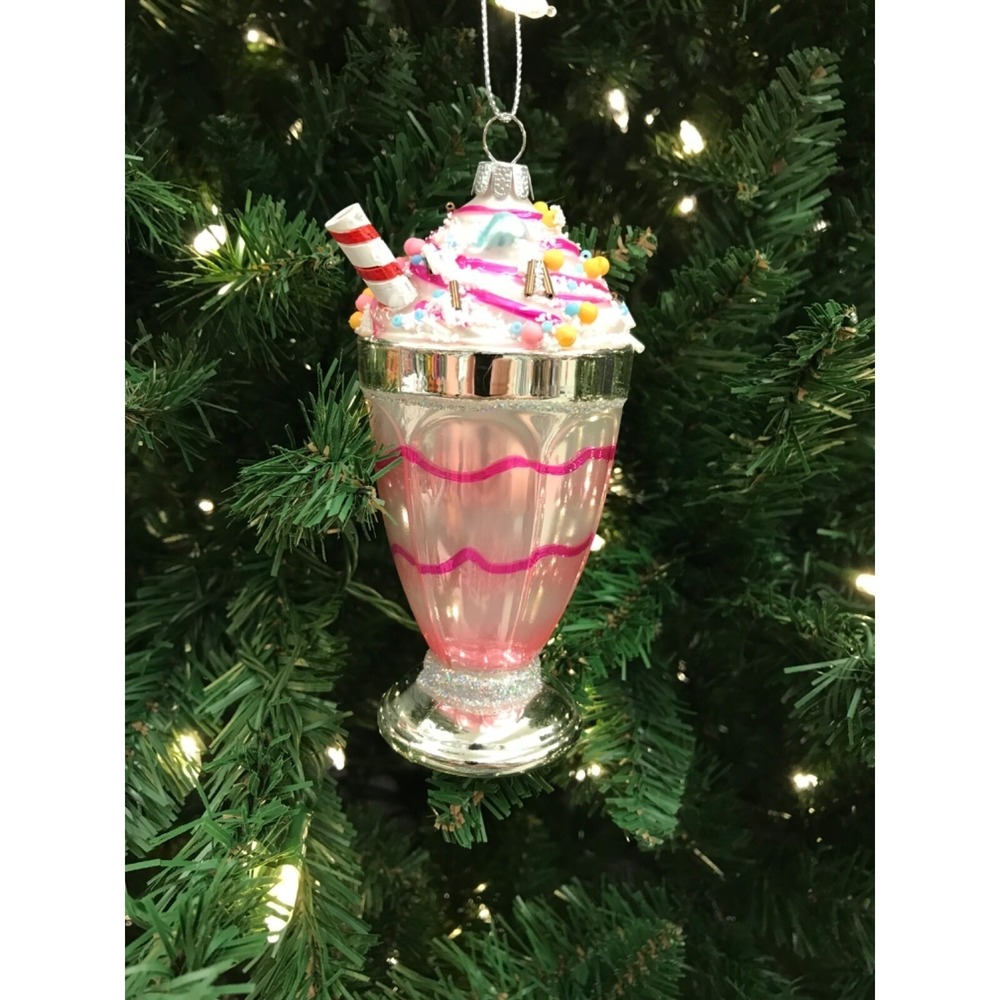 Milkshake Ornament Christmas Glass Sprinkles Food Ice Cream Pink Glittering